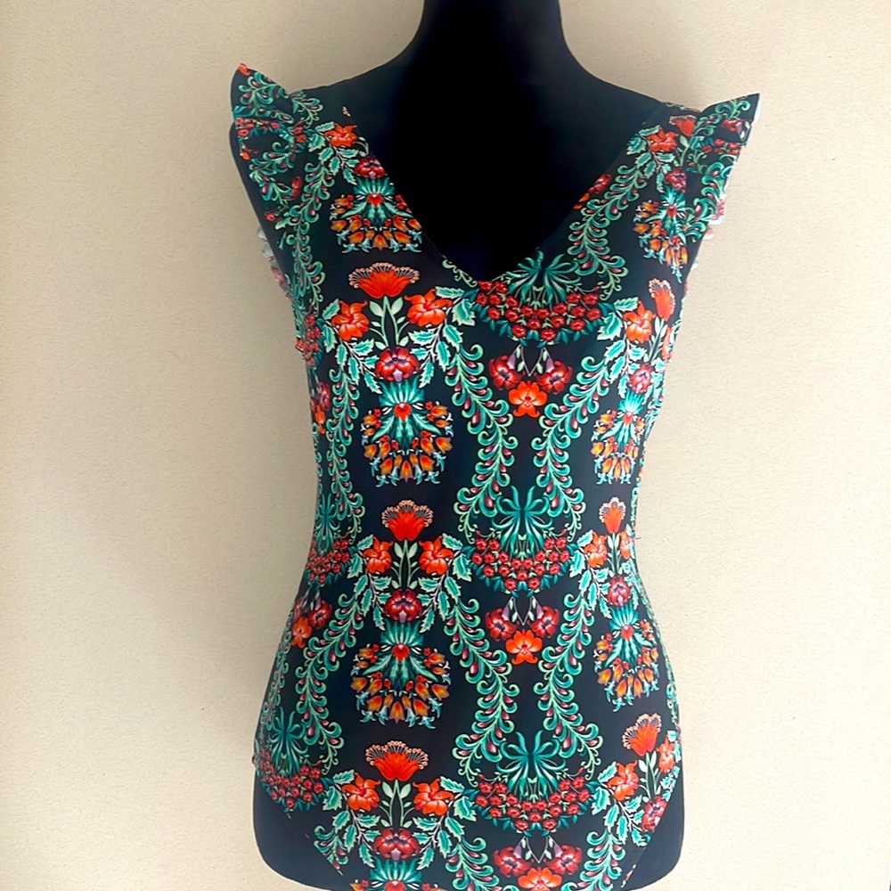 New Jessica Simpson  one piece swimsuit floral print Black/teal/Orange fits 4/6